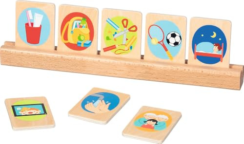 goki 58292 - Tagesroutinekarten-Set für Kinder, 24-teiliges Lernspiel aus Holz inkl. Kartenhalter