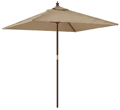 Xhnifbn Sombrilla de mástil de madera topo, 198 x 198 x 231 cm, protección UV, con aspecto de teca, estructura y sistema de cuerda para terraza, balcón y jardín