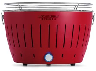 LotusGrill - Nuovo Barbecue Ibrido Portatile a Carbonella e Gas in Acciaio Inox con alimentazione a batterie oppure cavo USB - Borsa da Trasporto inclusa - Ø 32 cm - Rosso