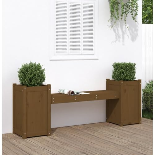 PUGYNBK Panca da giardino 2 in 1 con fioriere in legno di pino massiccio, marrone miele, 180 x 36 x 63 cm, panca con 2 fioriere per terrazza e giardino, portata 110 kg per seduta
