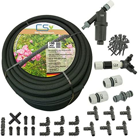 CS Premium Perlschlauch 100m – eco Bewässerungsset mit Druckminderer & Zubehör – für nachhaltige Hochbeet-, Beet- & Heckenbewässerung mit bis zu 70 % Wasserersparnis