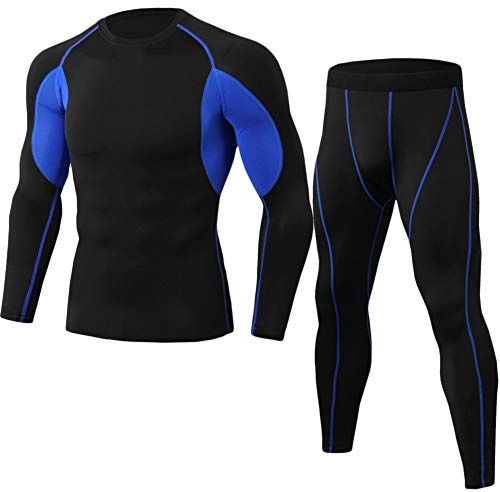 GELing 2 st funktionell skjorta herr, kompressionsset herr, funktionella underkläder, kompressionströja leggings, sportkläder set, Svartblå, M