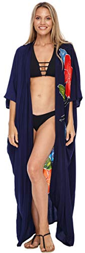SHU-SHI - Blommig kimono cardigan - för kvinnor - strandtäckning - öppen framsida morgonrock - en storlek, BLÅ, En storlek,