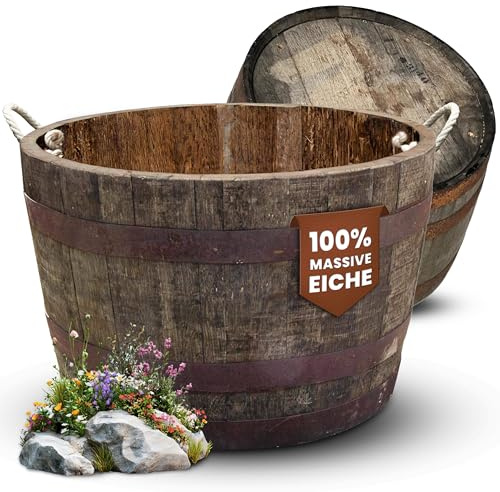 Temesso Halbes Fass aus original schottischen Whiskyfass rund (Natur - mit Schlaufen und Ablaufbohrungen)