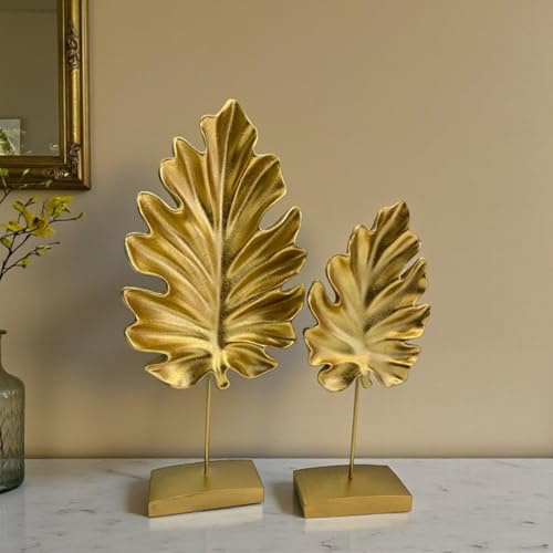 bamyum 2er-Set Sycomore Blätter Skulptur Modern Deko Wohnzimmer Schlafzimmer, Tischdeko, Schreibtisch Deko Gold, Home Decor, Bücherregal Deko, Esstisch Statue Golden Deko Aesthetic Dekoartikel Figuren