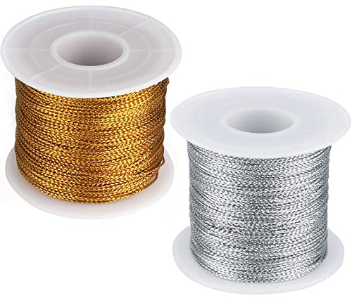 G2PLUS 200M Cordon Dorado Cordón Metálico Hilo Plata Cuerda de Hilo de Navidad se Utiliza para joyería de Bricolaje, Embalaje de Regalo y decoración navideña