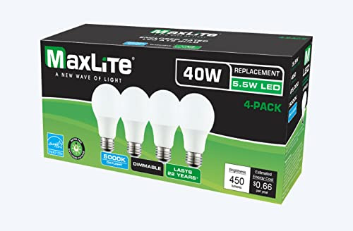MaxLite LED Enclosed Rated Omnidirectional A-Lamp, 5.5W DIM LED A19 5000K 4 Pack, White (E5.5A19D50/4P/WS)