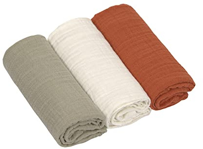 LÄSSIG Coperta Puck per neonati Panno di garza Set di 3 pezzi in cotone 60 x 60 cm/Swaddle & Burp Blanket M olive/milky/rust