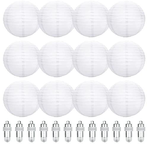 12PCS White Paper Lantern, 20cm Round Paper Lanterns with White Mini Led Lights Hanging Decorations Ball Lanterns Lamps for Garden Deco, Night Parties, Garden, Family Celebrations