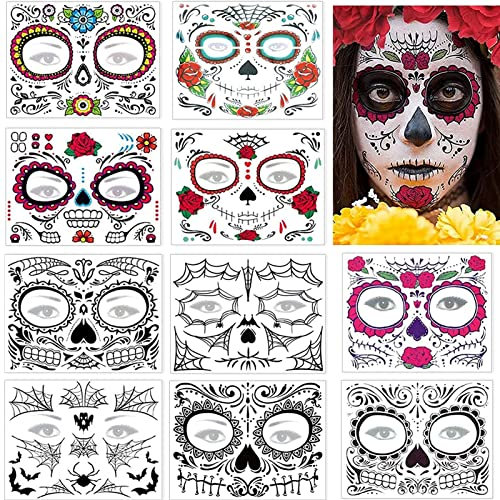 10 Blätter Halloween Temporäre Tattoo Gesicht Tattoos Sticker Tag Totenkopf Floral Skelett Spinnennetz Rote Rosen Halloween Schminke Aufkleber, Für Halloween Party, Maskerade, Cosplay