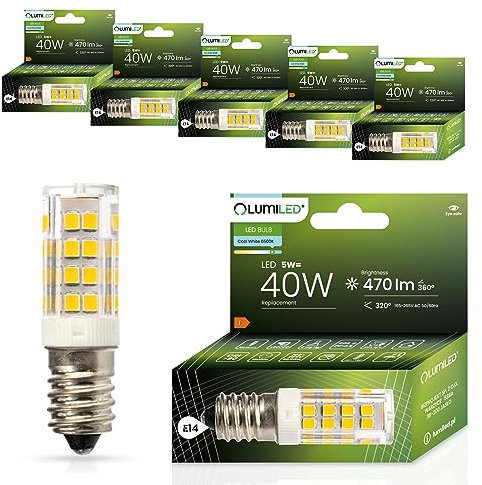 Lumiled LED Lampen E14 T25 6er Set Leuchtmittel 5W (ersetzt 40W Glühlampe) 6500K Kaltweiß 470lm 320° Lichtwinkel 230V Kühlschranklampe Glühbirne Kühlschrank Backofen Haube