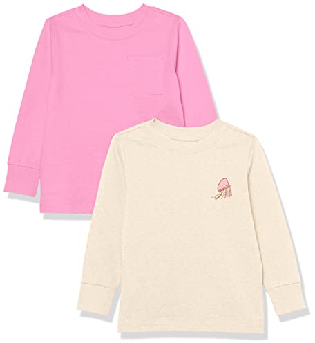 Amazon Essentials T-shirt côtelé à manches longues Mixte Enfante, Lot de 2, Blanc Crème Jellyfish/Rose, 2 ans