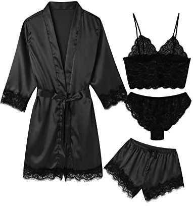 ESKTJH Pajamas Womens Sexy Lingerie Robes Satin Sleepwear Silk Cami Shorts Set Soft Sleep Pjs 4 Piece Nightwear Black