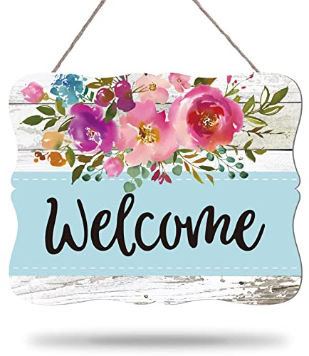 Whaline Willkommensschild zum Aufhängen, Haustür-Dekoration, Frühling, Sommer, Holzschild, Aquarell, Blumenmuster, rustikales Bauernhaus, Blumendruck, Holzschild für Urlaub, Zuhause, Café, Fenster,