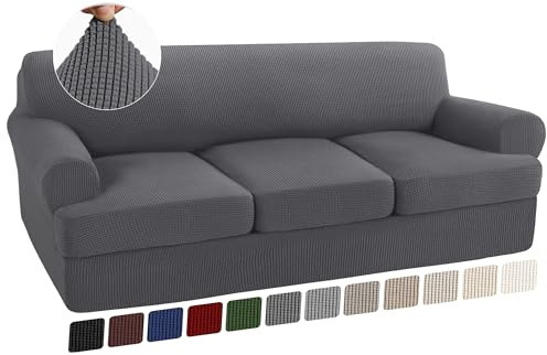 Turquoize 4 Piece T Cushion Sofa Slipcovers Stretch Couch Cover Furniture Covers with 3 Individual T Cushion Covers, Machine Washable (3 Cushion Sofa, Gray)