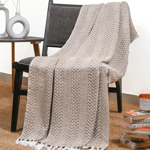 RAJRANG BRINGING RAJASTHAN TO YOU MANUNDA DE Beige DE Beige Stone con borlas Decorativas 50x60 Pulgadas 100% de algodón Manta Suave Trenzada para decoración del hogar