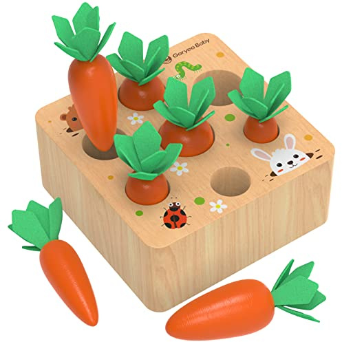 KMTJT Montessori Toys for 1 2 3 Year Old Toddlers, Carrot Harvest Game Wooden Toy for Age 12 18 Months Baby Boys Girls, Educational Learning Shape Sorting Matching Gifts for Babies 1-3