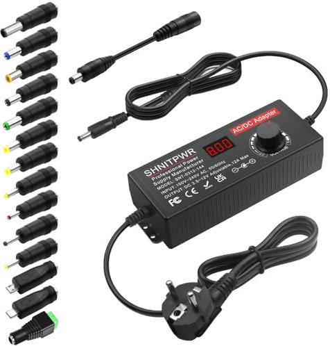 SHNITPWR 144W Universal Netzteil 3.5-12V 12A Einstellbares Netzadapter DC 12V 11V 10V 8V 9V 6V 5V 3,5V AC/DC Adapter mit 14 Tipps & Polaritätskabel für Haushaltselektronik LED-Streifen