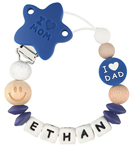 Kowlone Schnullerkette mit Namen Jungen mädchen Personalisiert Schnullerketten Ich liebe Mom Dad Schnuller Clips Halter für Baby Neugeboren(Denim Blau)