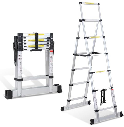 Ikodm Scala telescopica 1,7 m + 2,0 m, 5 + 6 livelli, telaio ad A, carico massimo 150 kg/330 libbre, scala allungabile in alluminio per riparazioni di tetto, dimensioni piegate 65 cm