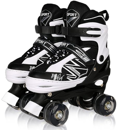 SYXKJ Boys Girls 4 Size Adjustable Kids Roller Skates for Children Toddlers Beginner with All Light Up Wheels, Birthday Gift for Outdoor Indoor Sports (Black White, Medium)