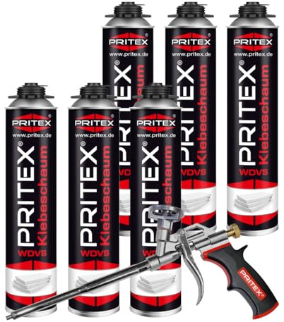 PRITEX – WDVS Klebeschaum Set 6 x 750 ml inkl. Schaumpistole zum Isolieren, Fixieren & Befestigen – Montageschaum Dämmstoffkleber mit sehr guter Haftung, Bauschaum geringer Nachdehnung