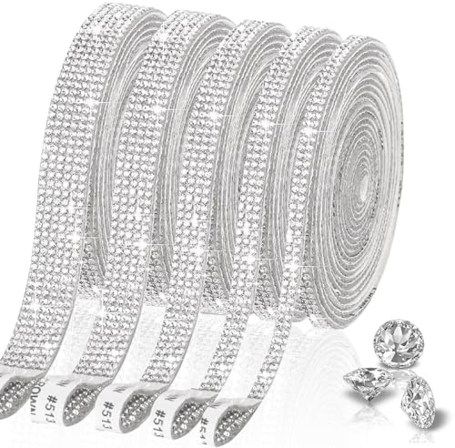 Rebanky 5 Rollos Cinta Diamantes Adhesiva Plata Cinta Diamantes para Ropa | 5 Tamaños Cinta Autoadhesiva de Diamantes de Imitacion Pegatinas Brillantes para Ropa Manualidades Vestidos (1 Yarda/Rollo)