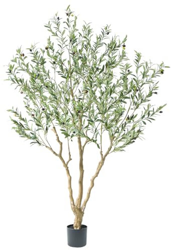 Florique Majestic - Olivo artificial de 6 pies con hojas y aceitunas realistas, olivo sintético de diseño completo y grandioso de 72 pulgadas, olivo falso con base resistente para decoración de