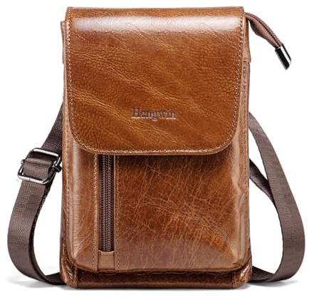 Hengwin Kleine Umhängetasche aus echtem Leder für Herren und Damen, Handy-Gürteltasche für iPhone/Samsung, Reisepass, Geldbörse, Schulterholster, Braun, Large