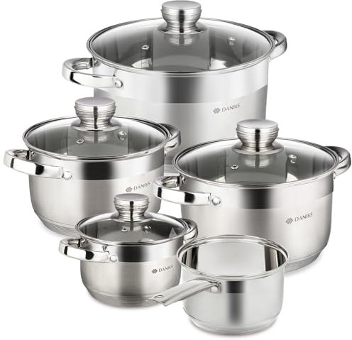 Daniks Standard Batterie de Cuisine INOX, 9 Pièces, Marmite avec Couvercles en Verre 16/18/20 cm, Casserole, Tous Feux Dont Induction, Échelle de Mesure, Argent