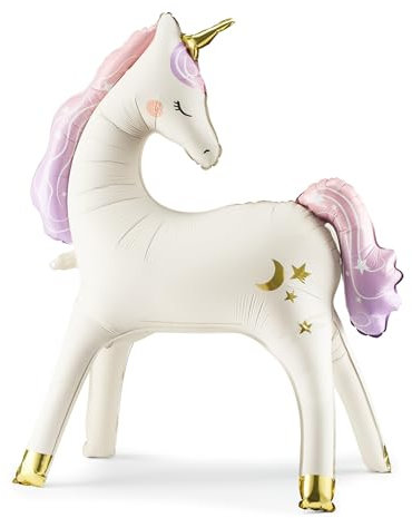 Palloncino gigante unicorno in piedi PartyDeco 95,5 x 86 cm, elegante bianco autoportante unicorno foil palloncini 3D arcobaleno forniture per feste di compleanno ragazza decorazioni baby shower
