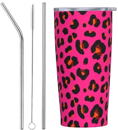 VOSERY Botella de agua de 20 onzas con tapa y popote, vaso aislado grande de acero inoxidable con estampado rojo de leopardo, taza de café de viaje, vaso personalizado