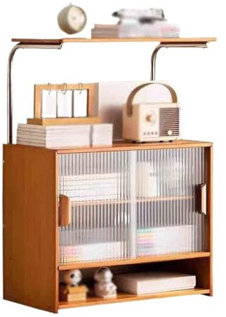 ZENY896V Büroschrank Mehrstufiges Bambus-Desktop-Bücherregal mit Kunststoff-Schiebetür-Organizer-Regal for Heimbüro-Lernbedarf, Mehrzweck-Ausstellungsregal Modernes Büromöbel