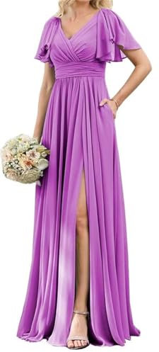 KURFACE Vestido de dama de honor de gasa con cuello en V para mujer, para boda, con abertura, manga corta, vestido formal, Lila, 34