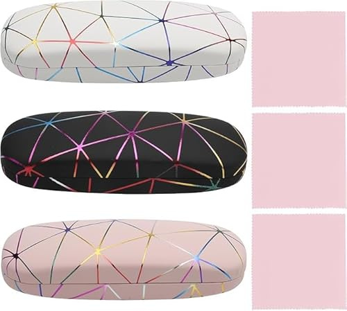 UOCAI Lot de 3 étuis à lunettes rigides multicolores Pour femme Coque rigide Portable Personnalisable Avec chiffon de nettoyage pour lunettes de soleil