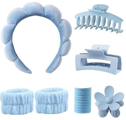 Bubble Spa Stirnband Make Up Schwamm Set für Damen | 16-teilig mit Haarband Kosmetik, Handgelenk Waschband, 3 Haarklammern & 10 Haargummis, für Gesichtsreinigung, Yoga & Sport