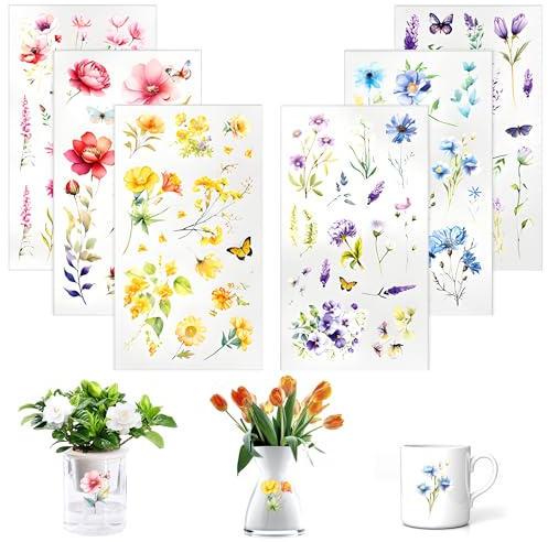 6 Stück Rub On Sticker Wasserfeste Blumen Aufkleber für Möbel Glas Tagebuch DIY Bastel Dekoration Vintage Pflanzen Blätter Schmetterling Aufkleber Transparent Wasserdicht PET Aufkleber Blumenmuster