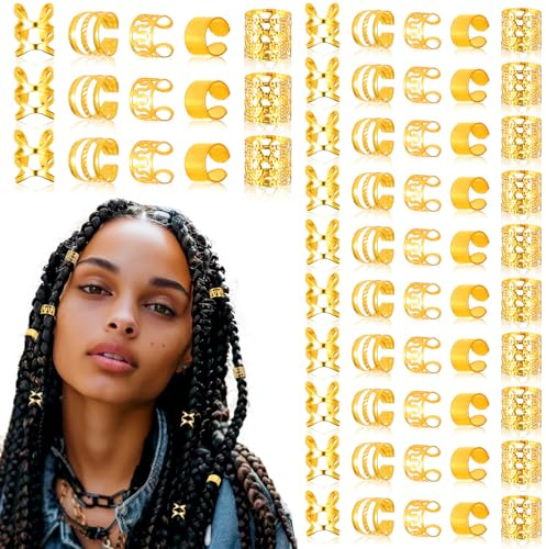 BOHUIZ 80pcs Gold Haarschmuck Dreadlock, Schmuck für Haar Dreadlocks, Haarmanschetten für Flechten, verstellbare Haarringe Flechten Clips Haar Zubehör für Männer Frauen (Gold)