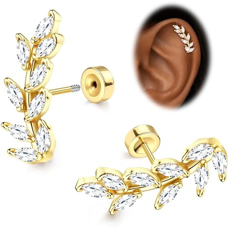 JeryWe Cartilage Earrings for Women Hypoallergenic Flat Back Earrings Surgical Steel for Sensitive Ears Flatback Stud Earring Helix Conch Tragus Daith Piercing Jewelry 16G 14K Gold Filled Leaf