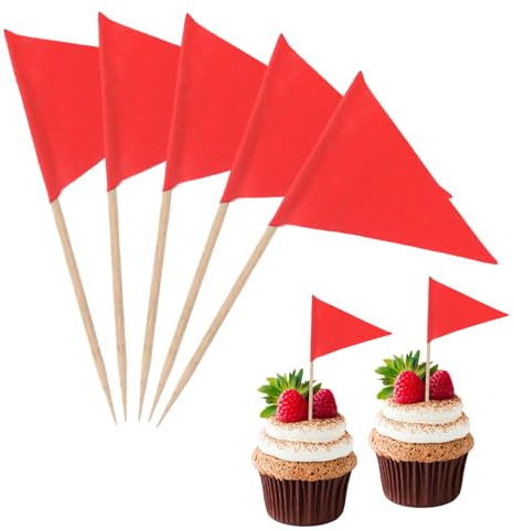 100 Pcs Red Flags Solid Toothpick Flags Cupcake Toppers Mini Small Plain Red Triangle Sticks for Golf, Cakes, Fruit, Cheese Markers for Wedding, Party, Buffet Appetizer Decorations