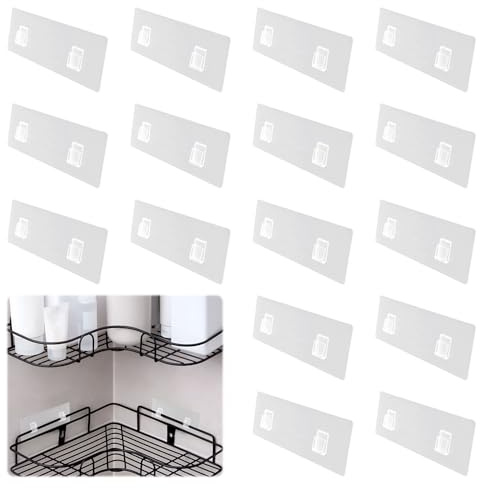 Shower Caddy Adhesive Hooks Replacement,16 PCSNo Drilling Waterproof Wall Strong Shower Adhesive Strips for Corner Shower Caddy Bathroom Shelf Basket Soap Dish Hanging Hooks Kitchen Accessories