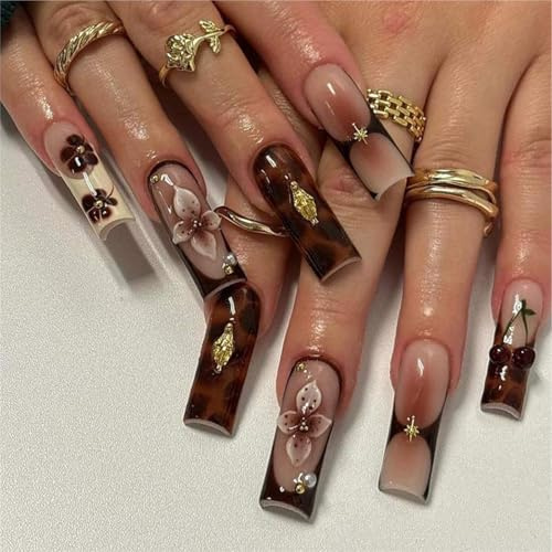Nymora 24 Stück Kleine Quadratische Press On Nails, Kunstnägel zum Aufkleben für Damen und Mädchen, inklusive Werkzeugset, Nägel zum Aufkleben, Blumen Leopardenmuster, Herbst Winter Design