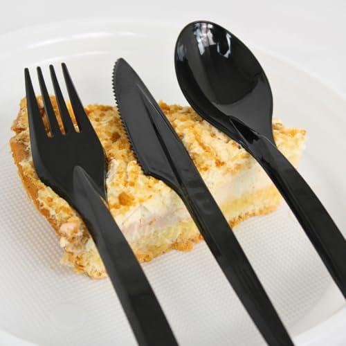 KURTT Wiederverwendbares Besteckset – 100x Messer, 100x Gabeln, 100x Löffel, Plastikbesteck 19 cm – Mehrweg Geschirrset, Partybesteck, Plastikgeschirr, BPA-frei – Spülmaschinenfest (300, Schwarz)