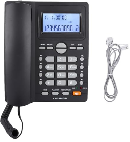 Téléphone Fixe, kit d'extension à Double Port, téléphone Filaire 8,66 × 8,86 × 2,76 Pouces, téléphone de Bureau avec Affichage de l'identification de l'appelant avec Haut-Parleur, (Noir)