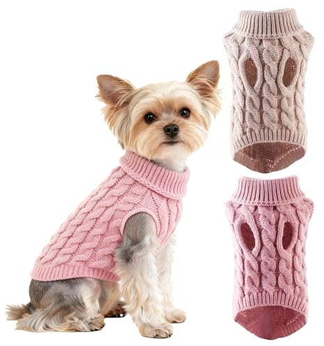 Lot de 2 Pull Chien Petite Taille et Doux Pull Chien Petite,Pull pour Chien en Tricot Chaud d’Hiver à col roulé Manteau pour Chiens pour Bouledogue Français Teckel Chihuahua (M) Kaki et Rose
