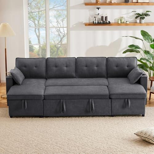 Luscriate Divano letto a forma di U con funzione di sonno, divano imbottito in cotone e lino, pieghevole per letto, con portabevande e spazio di archiviazione, grande divano per famiglia e soggiorno