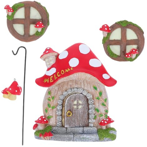FOMIYES Juego de Colgante para Puerta y Ventana en Forma de Casa Hongo de Resina Luz Nocturna, Decoración para Jardín y Árbol Resistente a Exteriores, Figura Pequeña Luminiscente