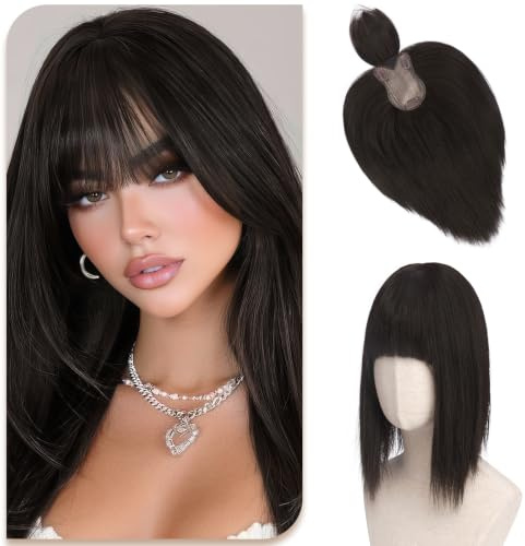 Sofeiyan Haar Toppers für Frauen,30 cm Glattes Clip in Haar-Topper mit Pony,Dunkelbraun 62 g Synthetische Haarteile für Dünnes,8 * 12cm Realistische Kopfhaut Haarstücke Geeignet Kahl