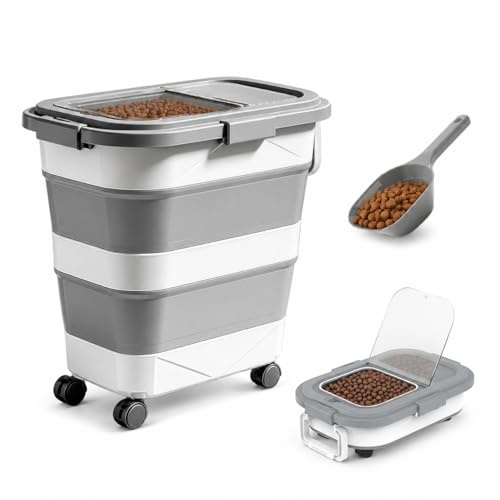 Foldable Pet Dog Food Storage Container, 24L/10KG Airtight Dog Food Bin | Rice Storage Container with Wheels & Scoop, Flip-Up Lid, Safe Eco for Pet Food, Cereal, Rice, Beans, Nuts(Grey)