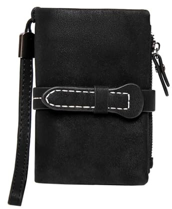 QAUUCP Handledsväska damer damer liten dubbelvikt läder plånbok armband med korthållare fönster myntbörs, svart, Einheitsgröße